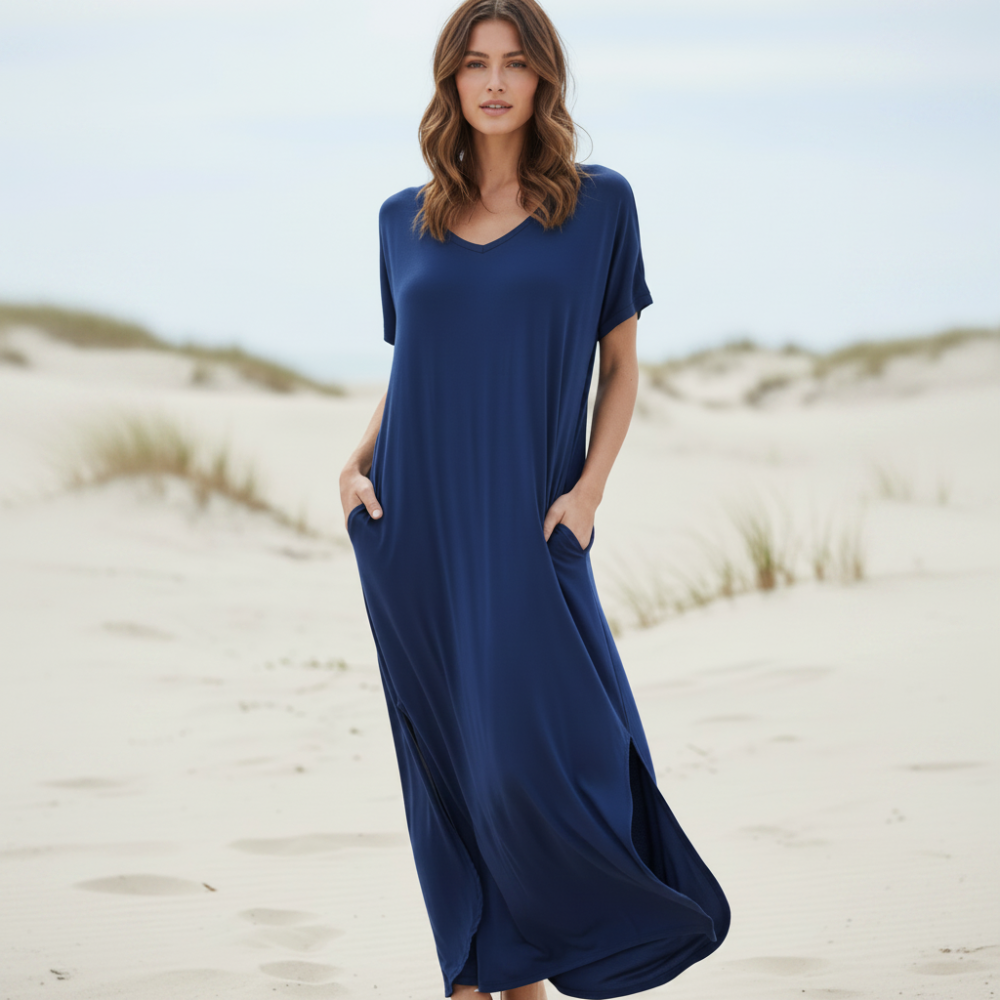 Ianira | Summer Maxi Dress with Short Sleeves and V Neck