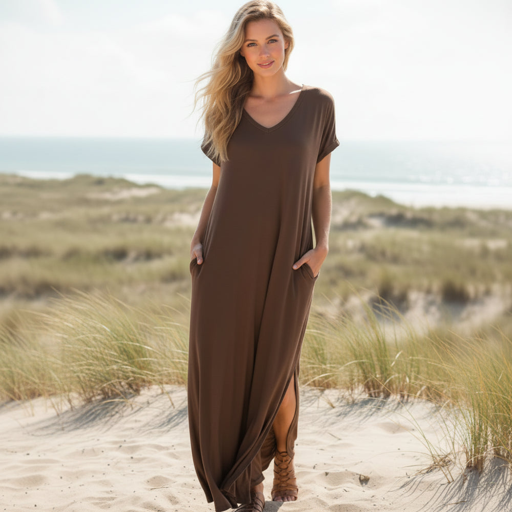 Ianira | Summer Maxi Dress with Short Sleeves and V Neck