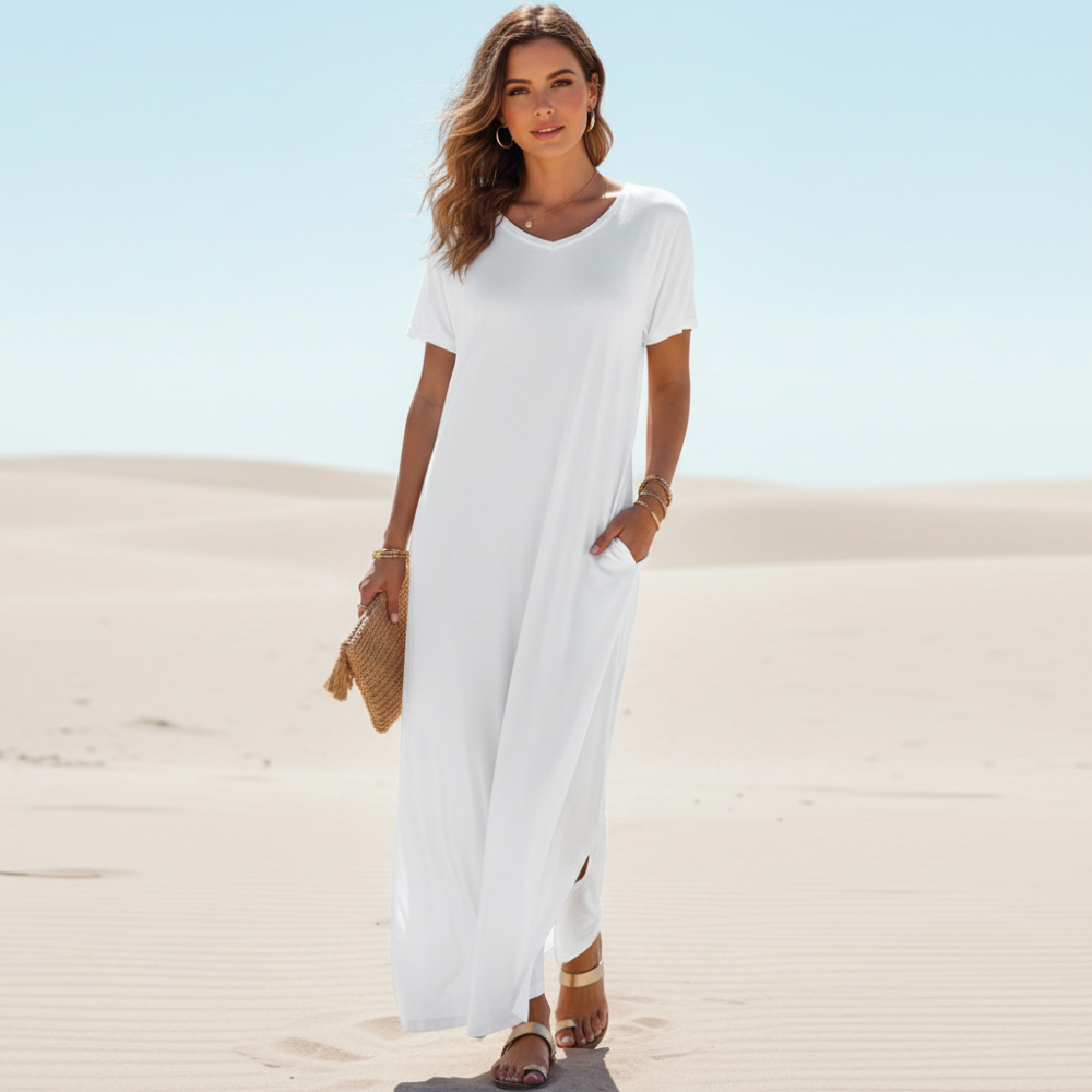 Ianira | Summer Maxi Dress with Short Sleeves and V Neck