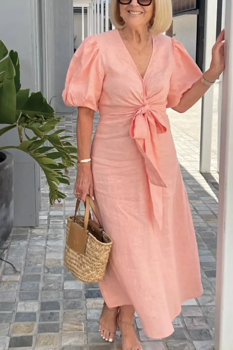 Selene | Solid-Tone Wrap Maxi Dress with Bow Tie Waist and Puff Sleeves