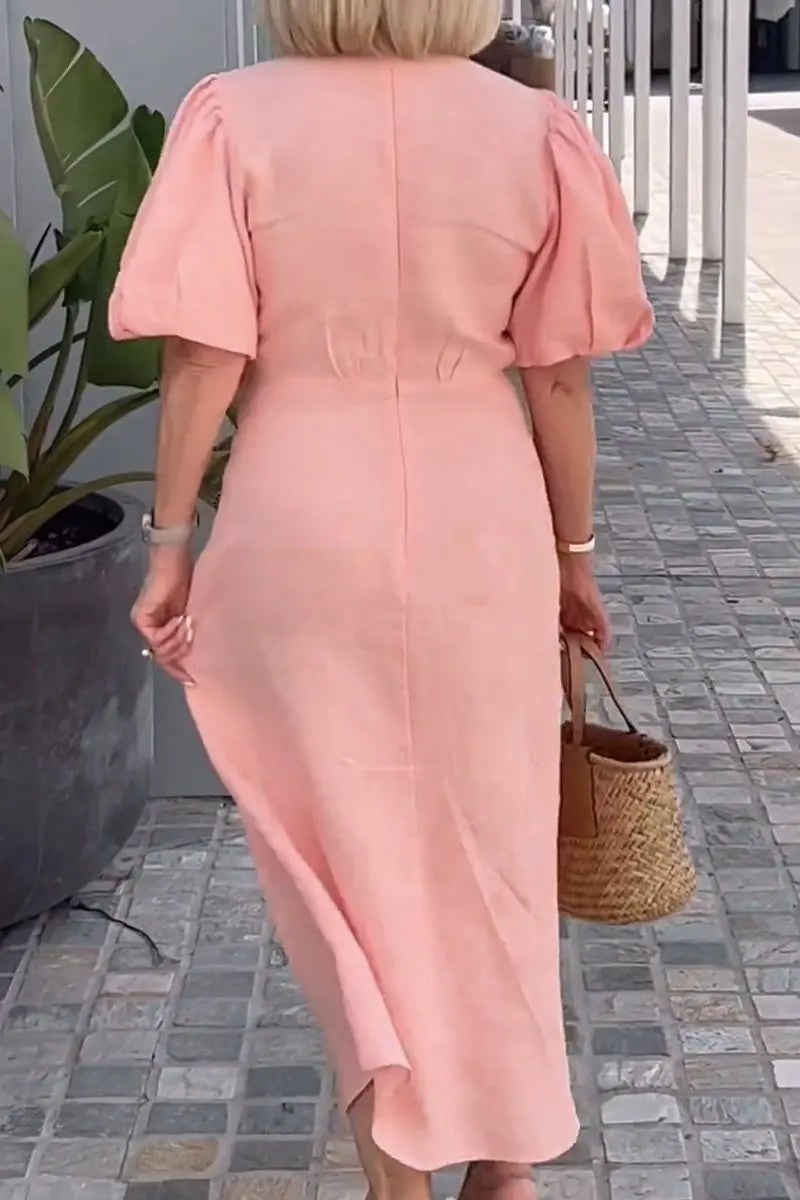 Selene | Solid-Tone Wrap Maxi Dress with Bow Tie Waist and Puff Sleeves