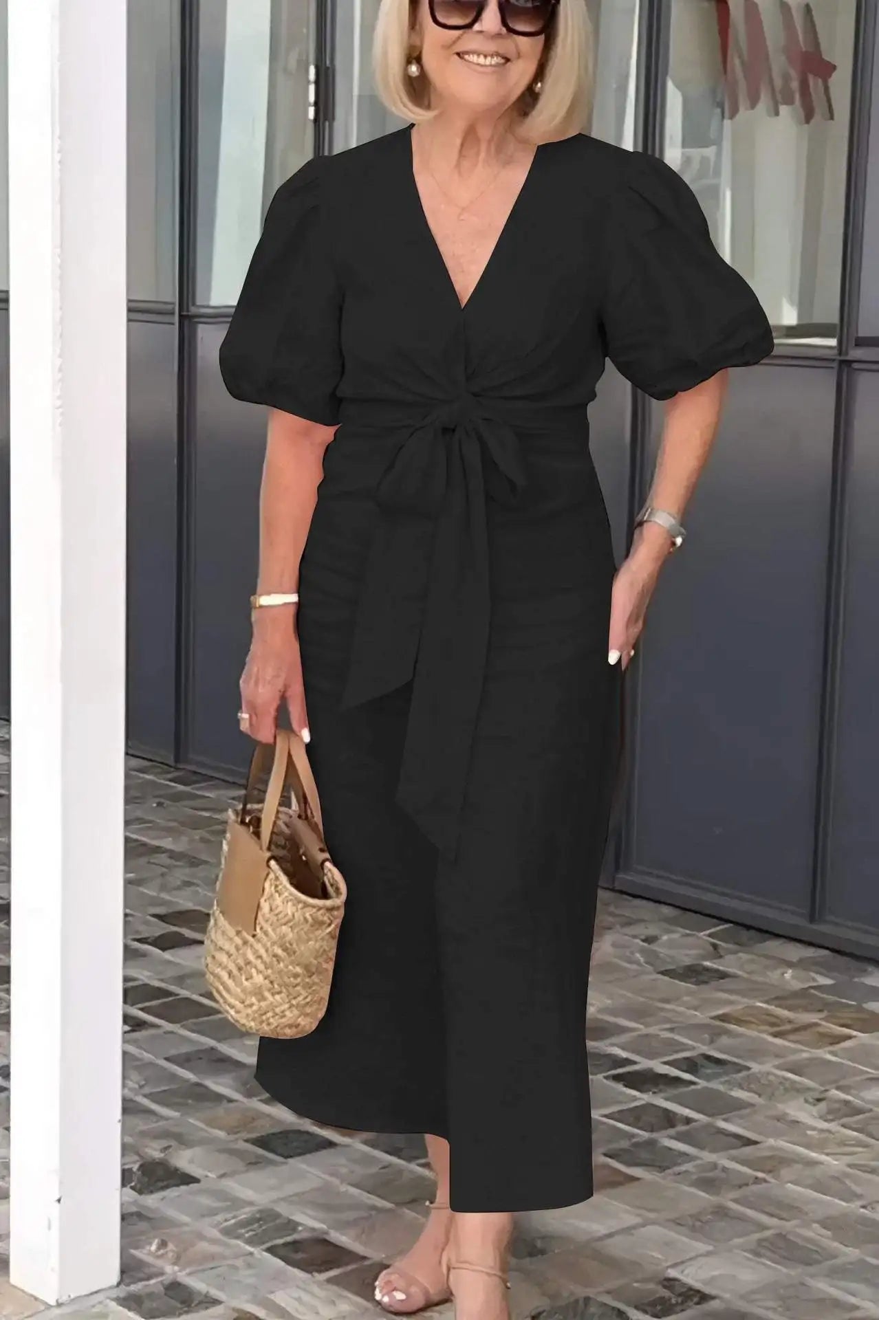Selene | Solid-Tone Wrap Maxi Dress with Bow Tie Waist and Puff Sleeves