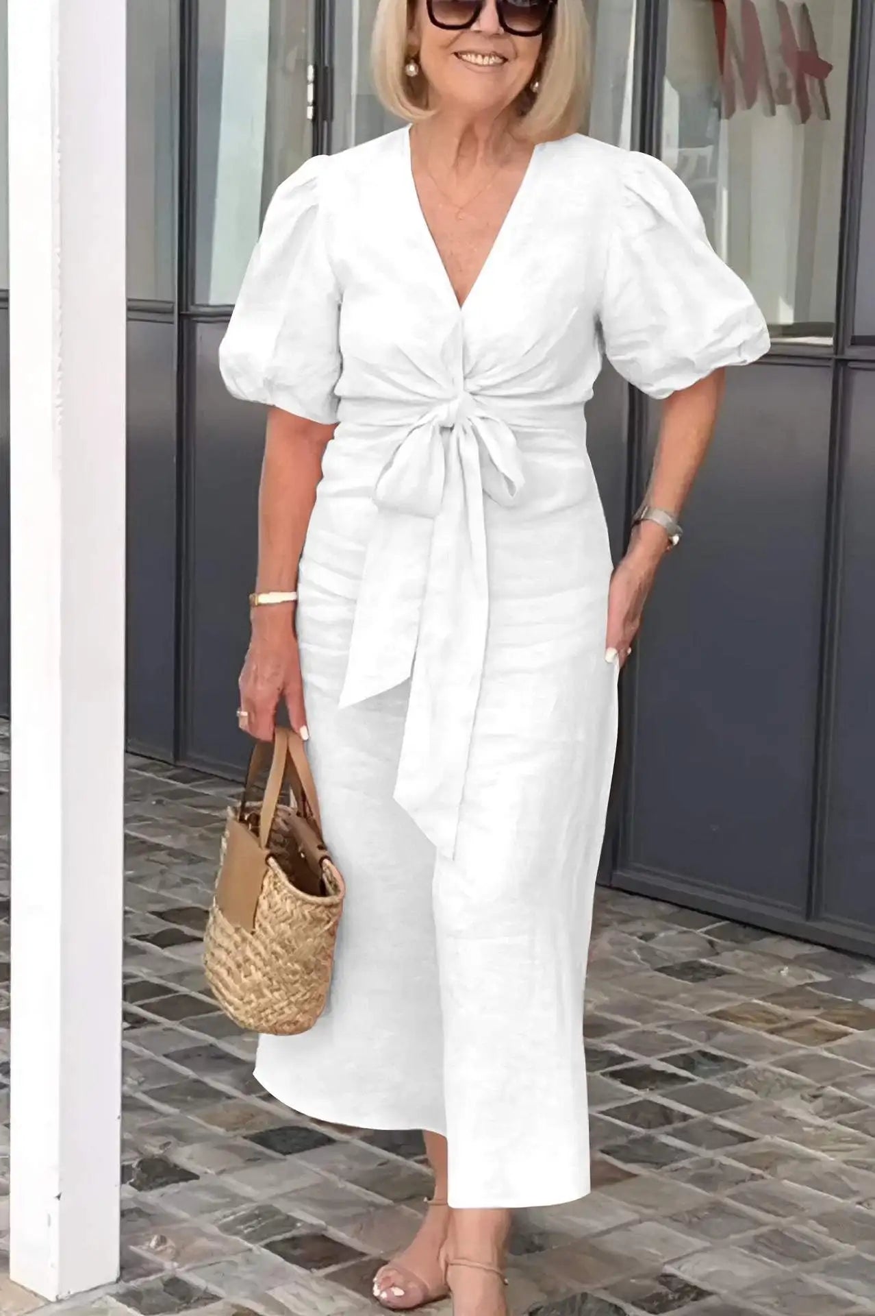 Selene | Solid-Tone Wrap Maxi Dress with Bow Tie Waist and Puff Sleeves