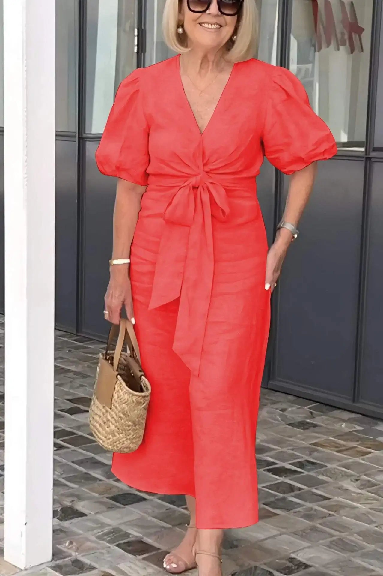 Selene | Solid-Tone Wrap Maxi Dress with Bow Tie Waist and Puff Sleeves