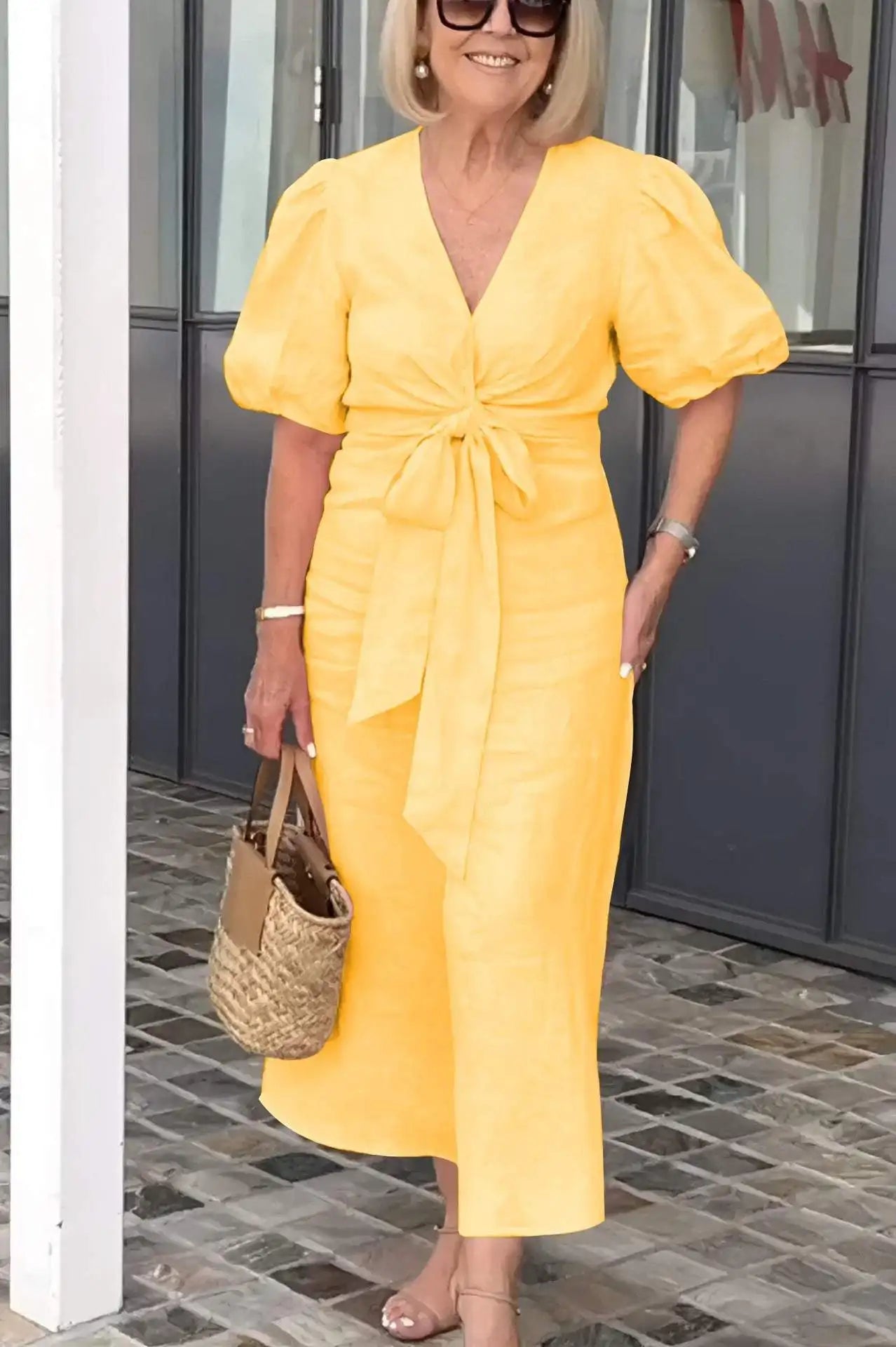 Selene | Solid-Tone Wrap Maxi Dress with Bow Tie Waist and Puff Sleeves