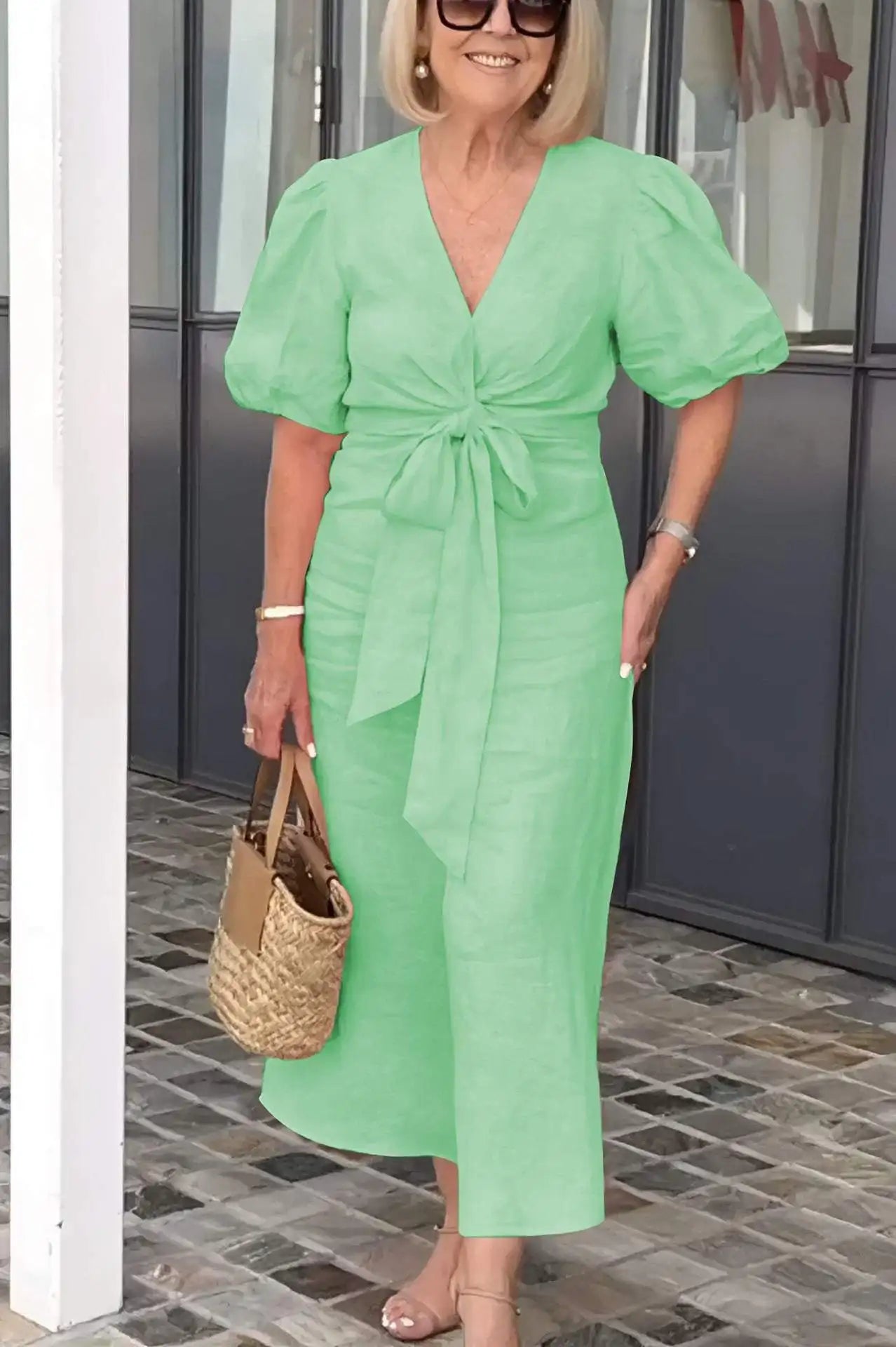 Selene | Solid-Tone Wrap Maxi Dress with Bow Tie Waist and Puff Sleeves