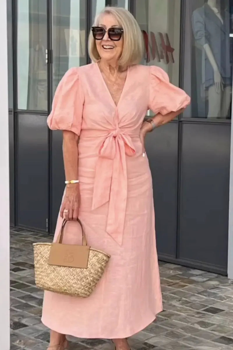Selene | Solid-Tone Wrap Maxi Dress with Bow Tie Waist and Puff Sleeves