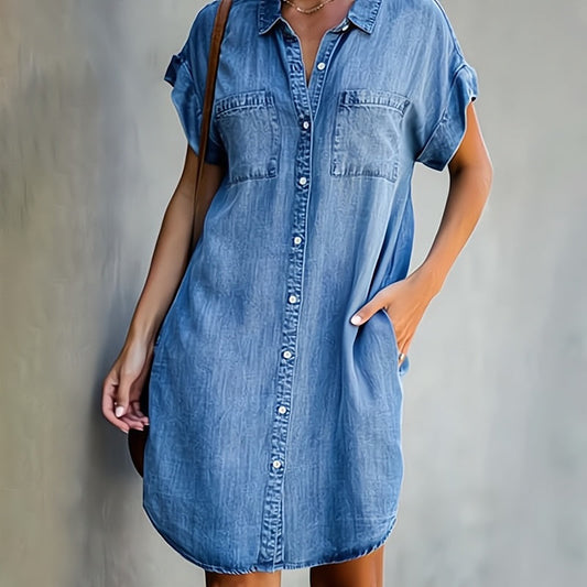 Cressida | Mini Shirt Dress with Chest Pockets and Button Down Front