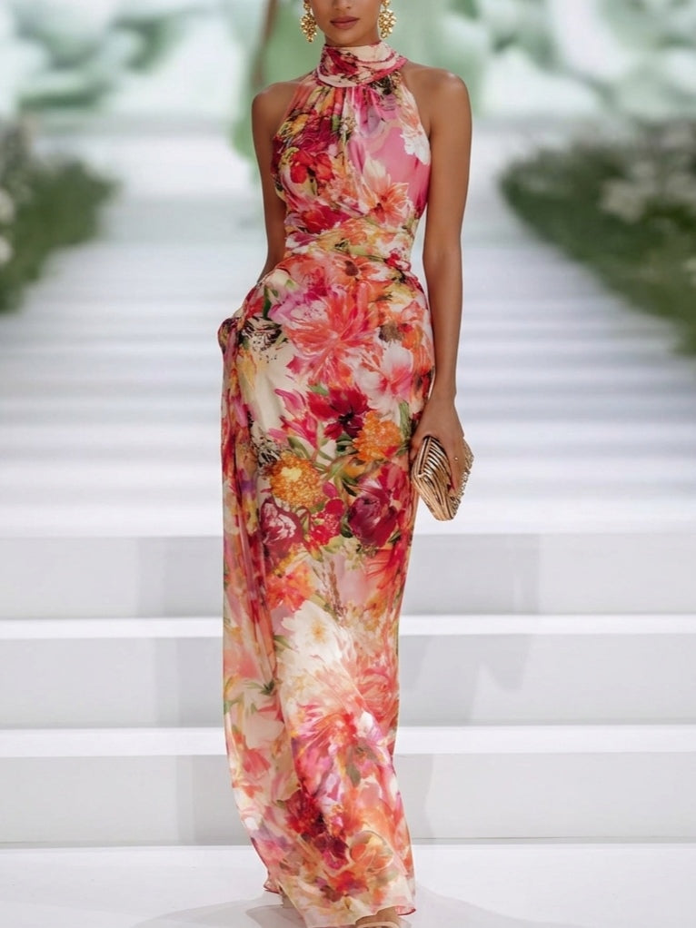 Delaney | Floral Wedding Guest Maxi Dress with Sleeveless and Halter Neck