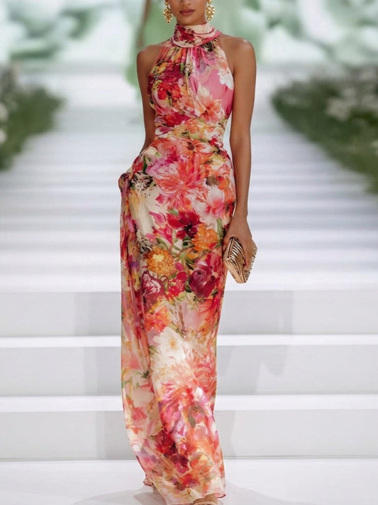 Delaney | Floral Wedding Guest Maxi Dress with Sleeveless and Halter Neck