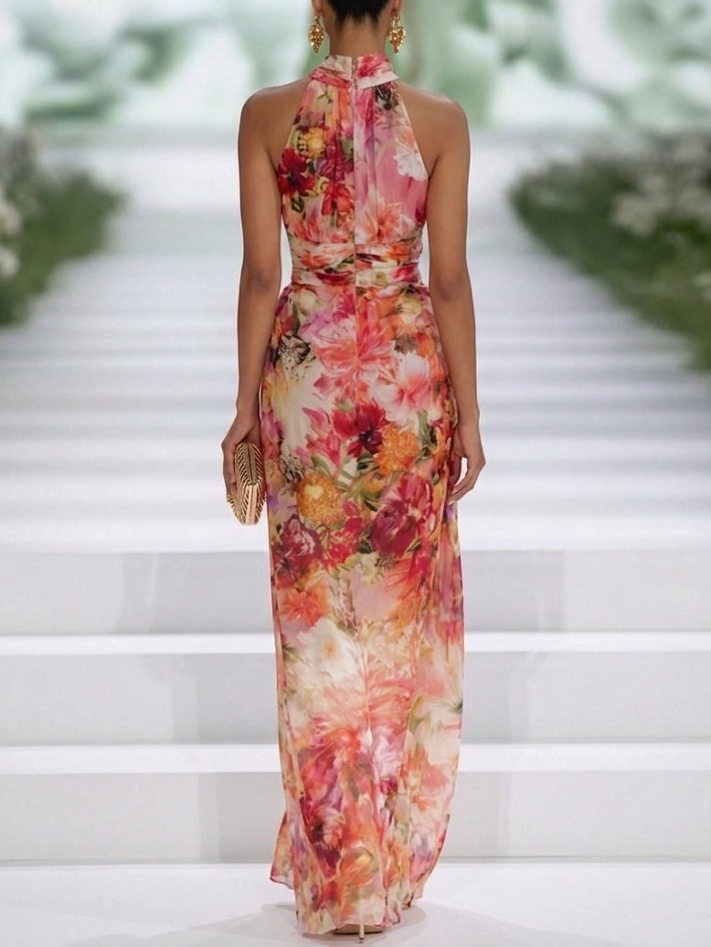 Delaney | Floral Wedding Guest Maxi Dress with Sleeveless and Halter Neck