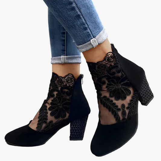 Ursuline | Ankle Bootie Heels with Lace Overlay and Back Zipper