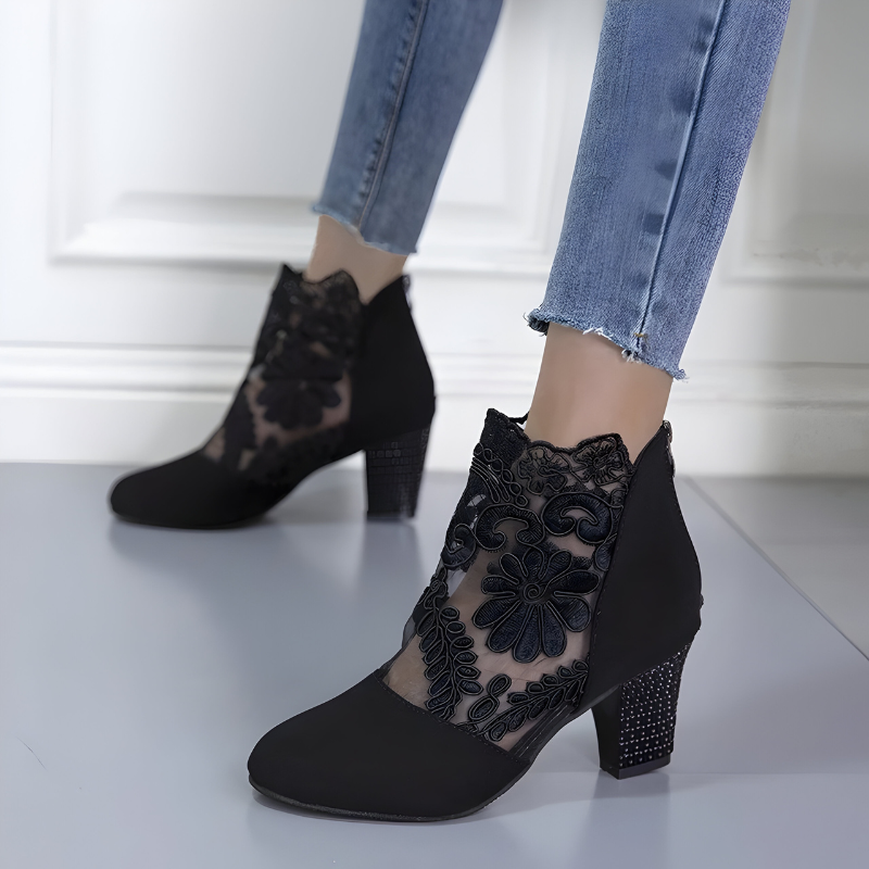 Ursuline | Ankle Bootie Heels with Lace Overlay and Back Zipper