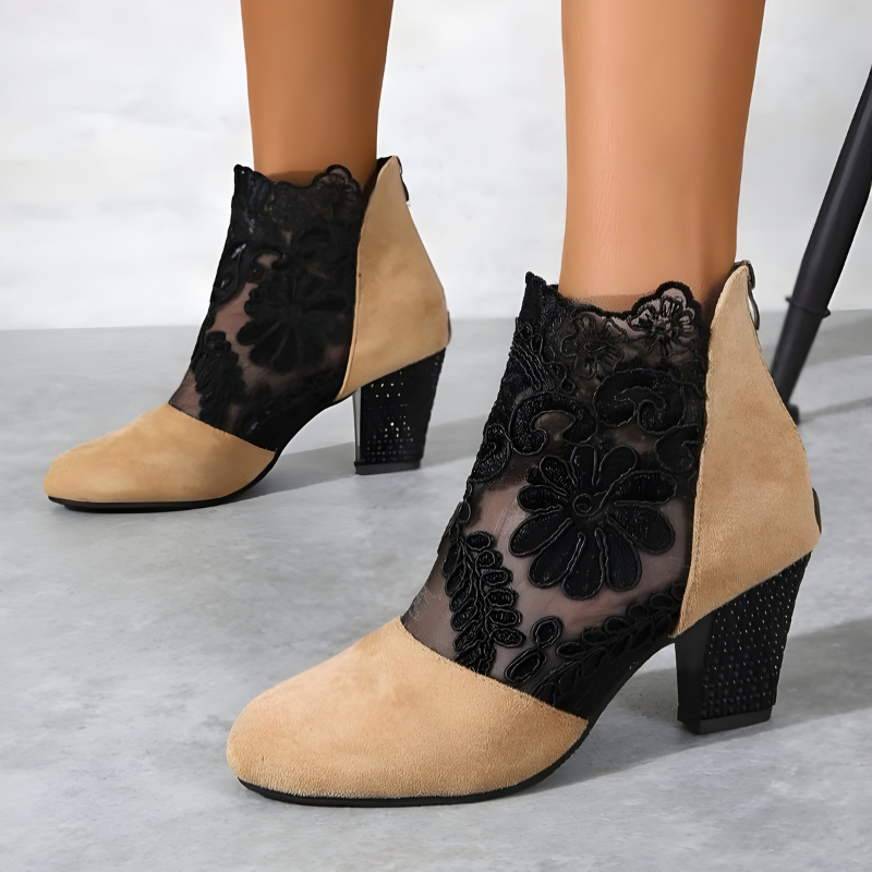 Ursuline | Ankle Bootie Heels with Lace Overlay and Back Zipper
