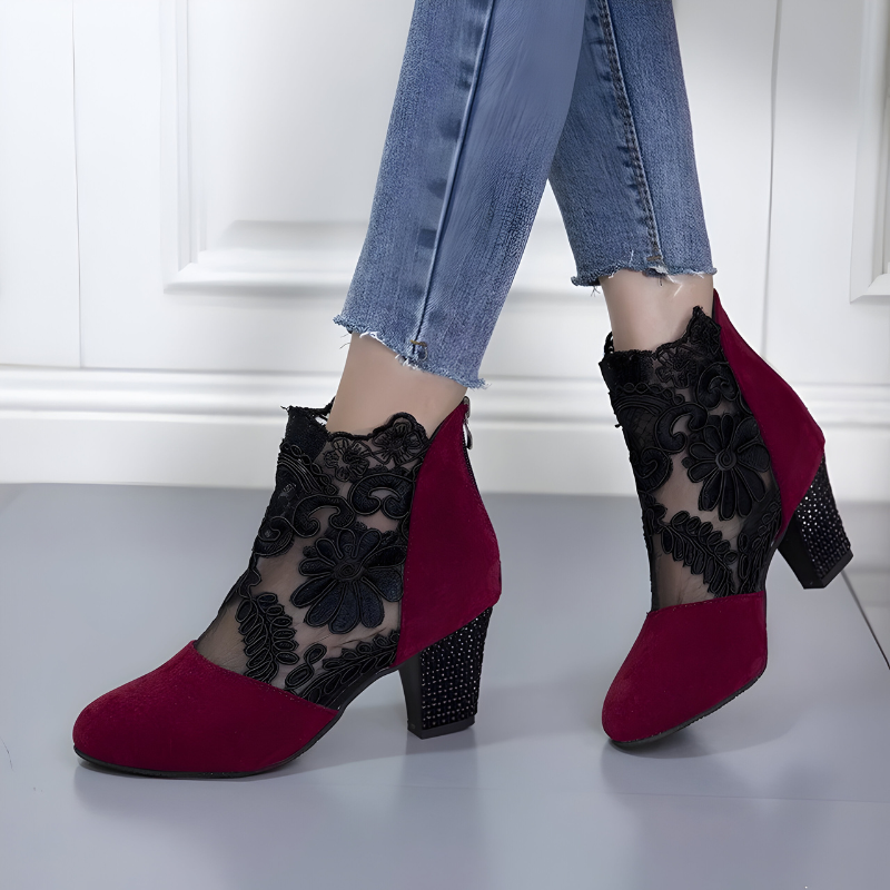 Ursuline | Ankle Bootie Heels with Lace Overlay and Back Zipper