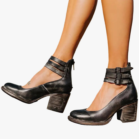 Reneta | Block Heel Faux Leather Pumps with Buckle Straps and Side Zipper