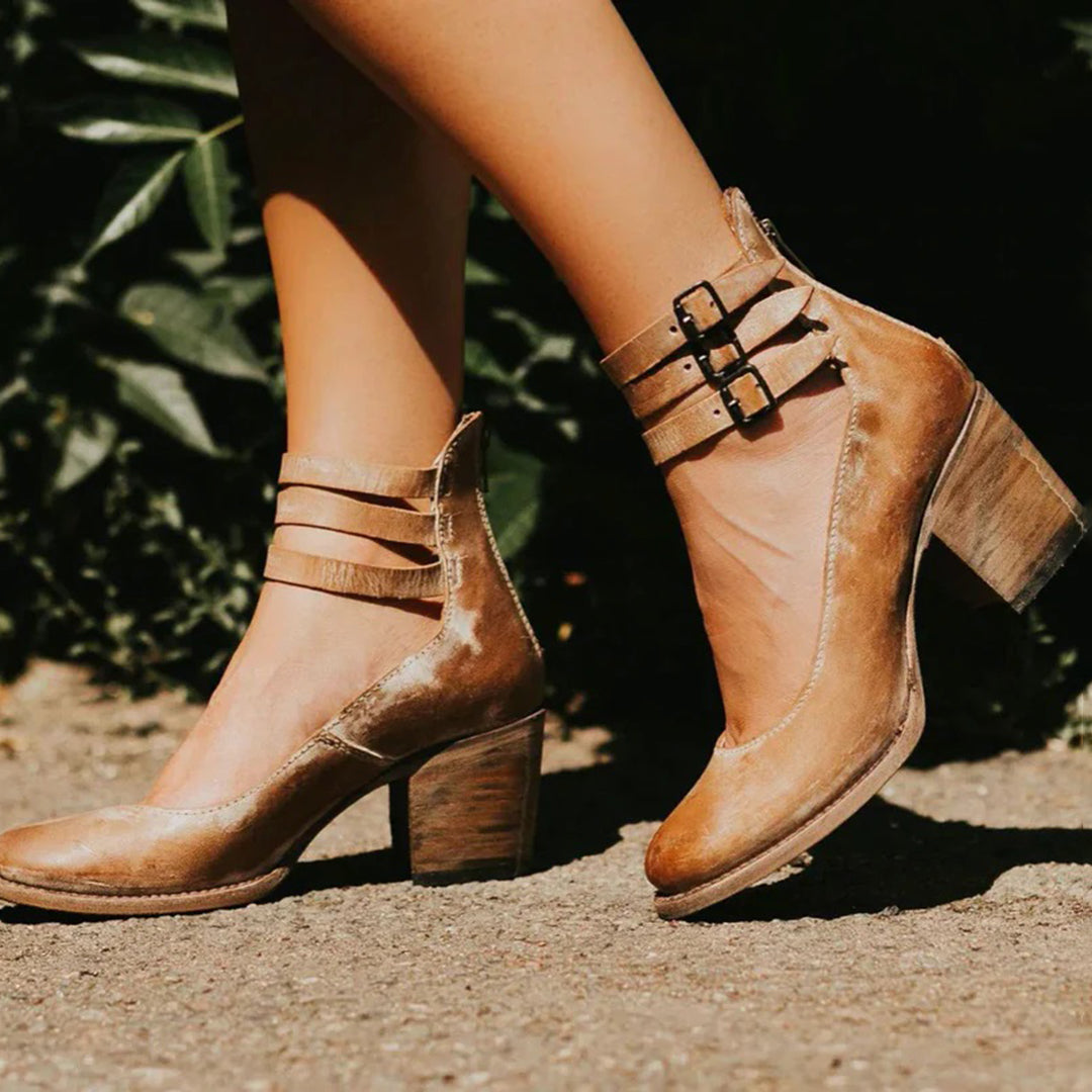 Reneta | Block Heel Faux Leather Pumps with Buckle Straps and Side Zipper