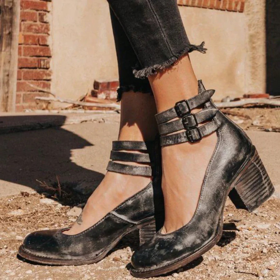 Reneta | Block Heel Faux Leather Pumps with Buckle Straps and Side Zipper