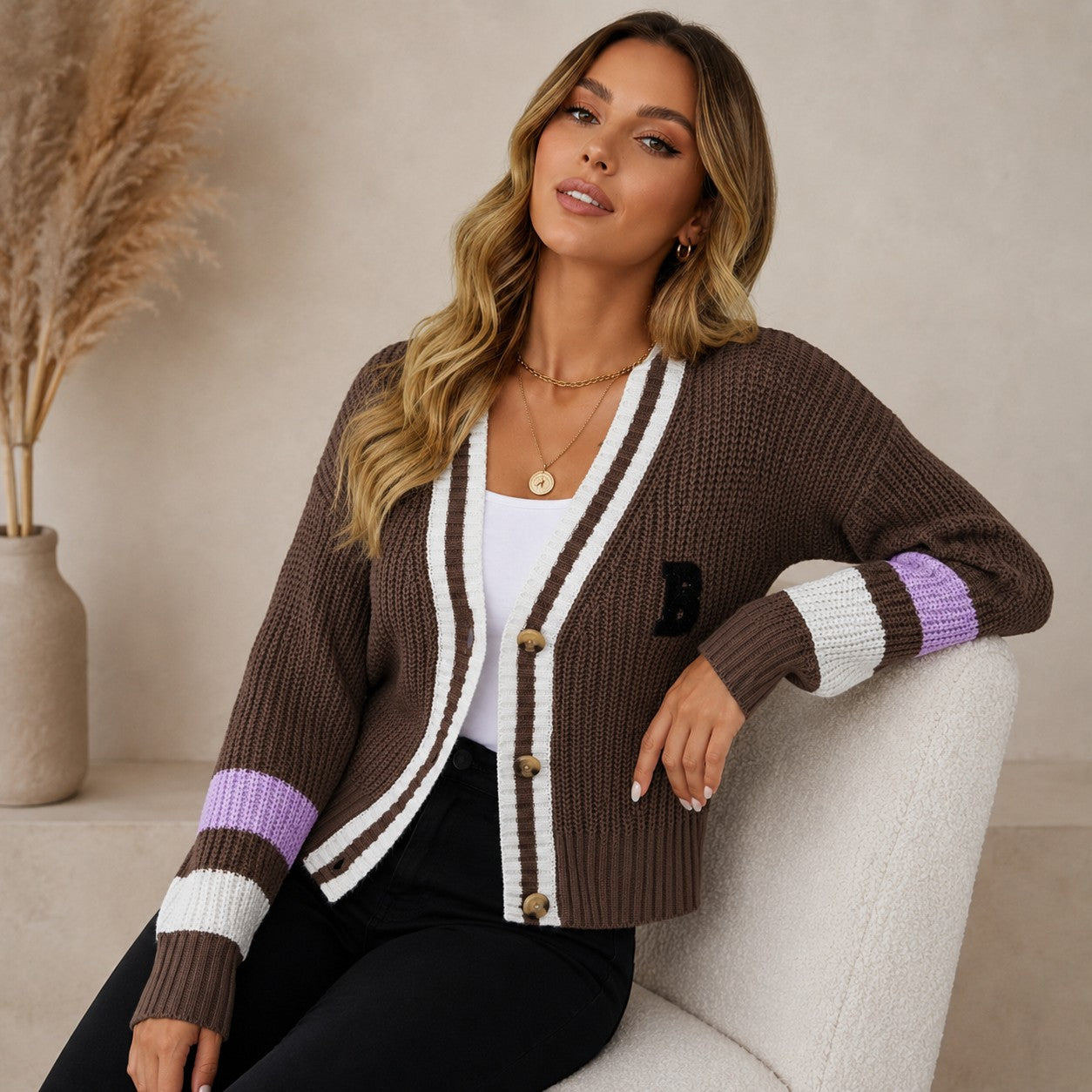Teagan | Chunky Knit Cardigan with Contrast Stripe Detail