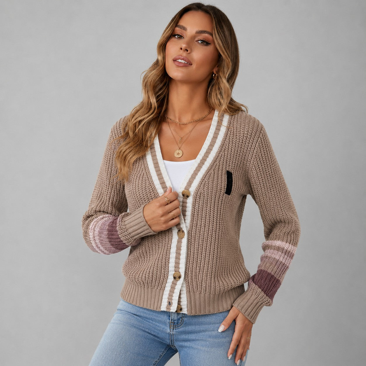 Teagan | Chunky Knit Cardigan with Contrast Stripe Detail