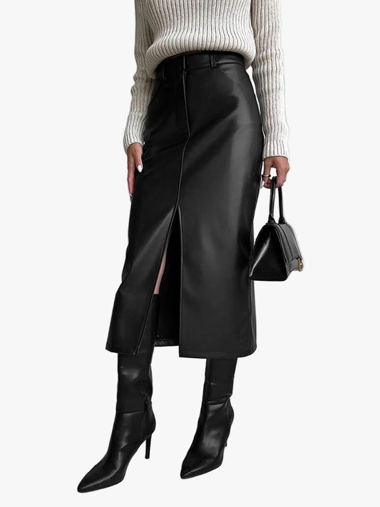 Lavinia | City Midi Skirt in Coated Faux Material with Front Slit