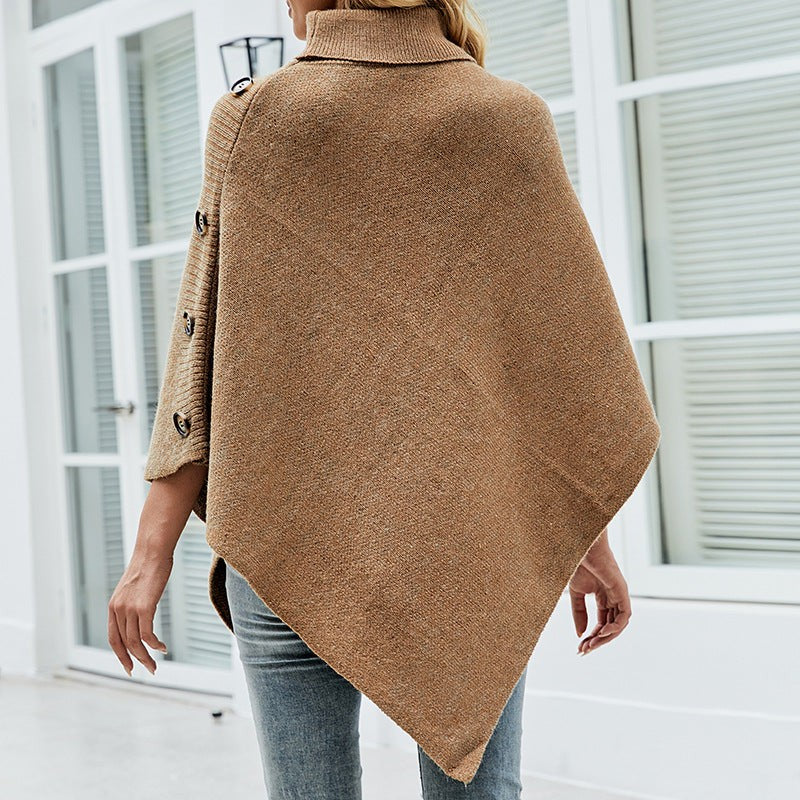 Cordelia | Knit Poncho with High Collar and Decorative Buttons