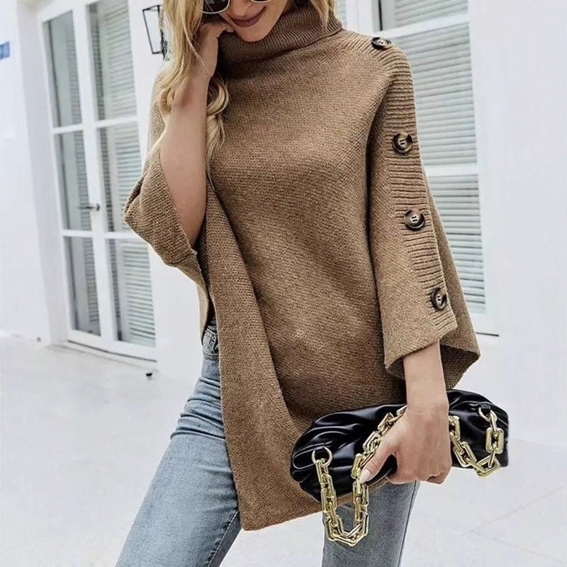 Cordelia | Knit Poncho with High Collar and Decorative Buttons