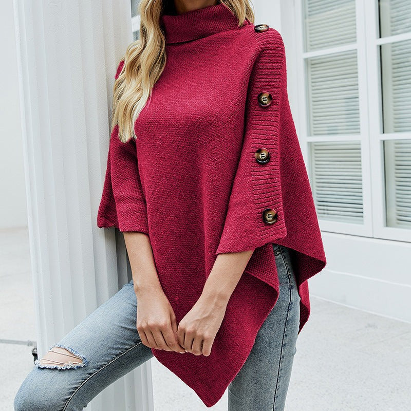 Cordelia | Knit Poncho with High Collar and Decorative Buttons