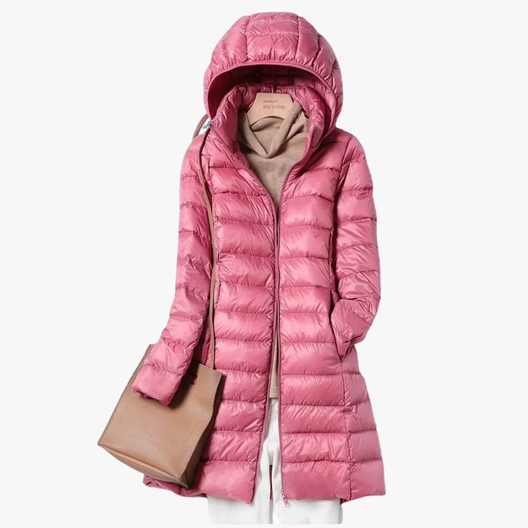 Carmine | Longline Nylon Puffer Jacket with Hood and Zip Front