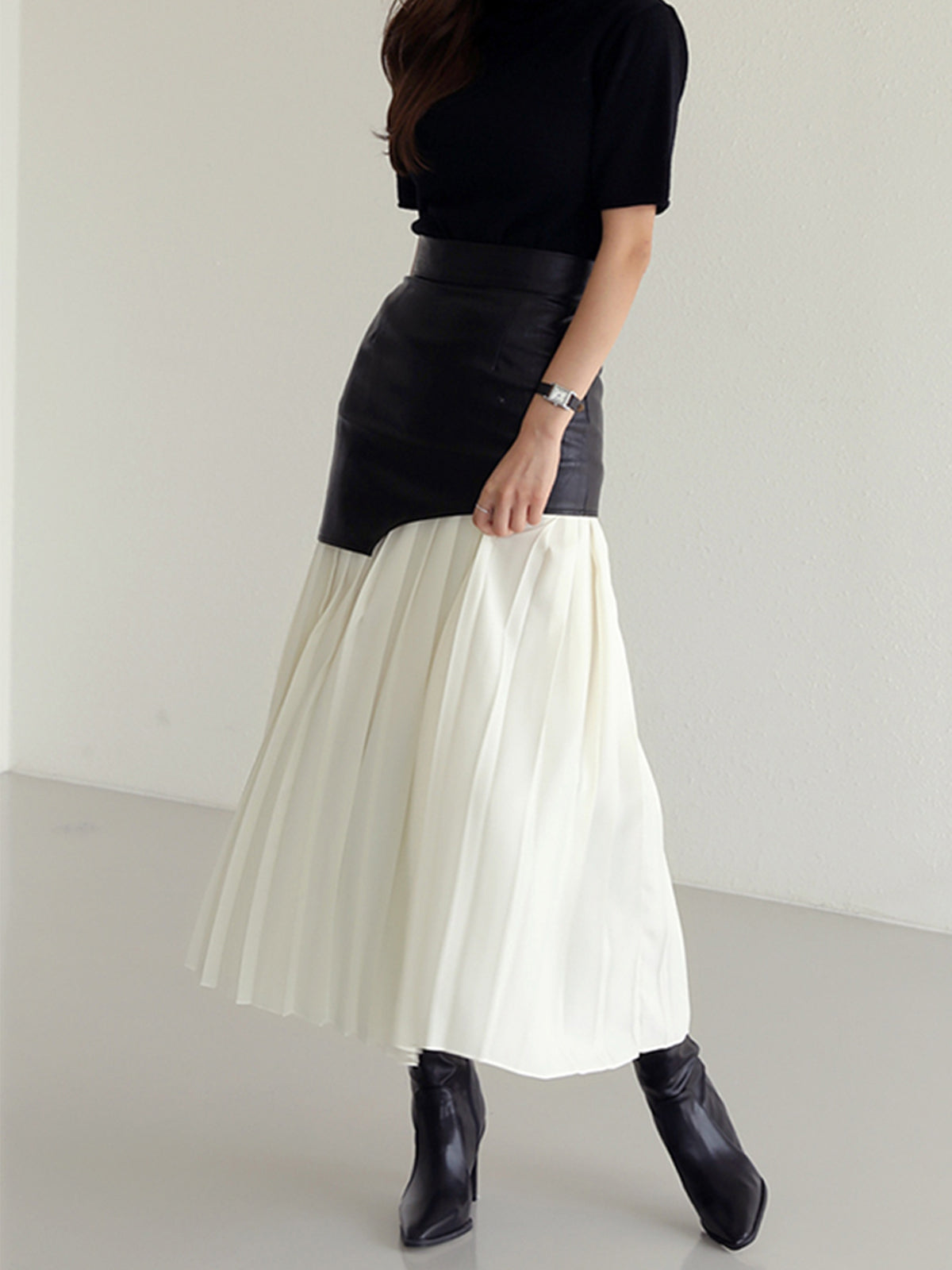 Marlowe | Midi Skirt with Faux Overlay and Pleated Hem