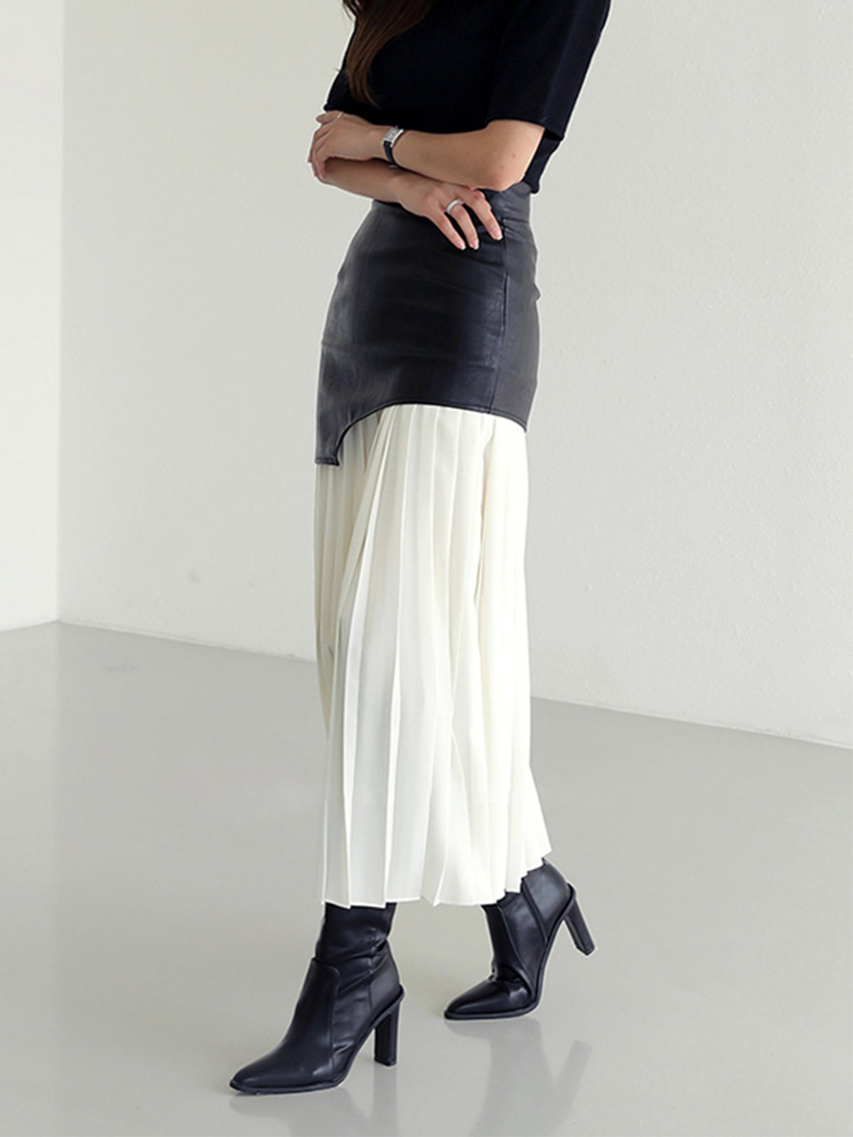 Marlowe | Midi Skirt with Faux Overlay and Pleated Hem