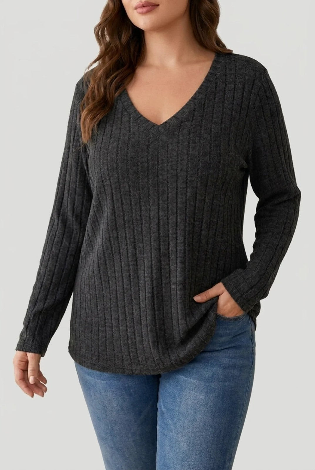 Bronwyn | Ribbed V-Neck Sweater in Soft Stretch Knit
