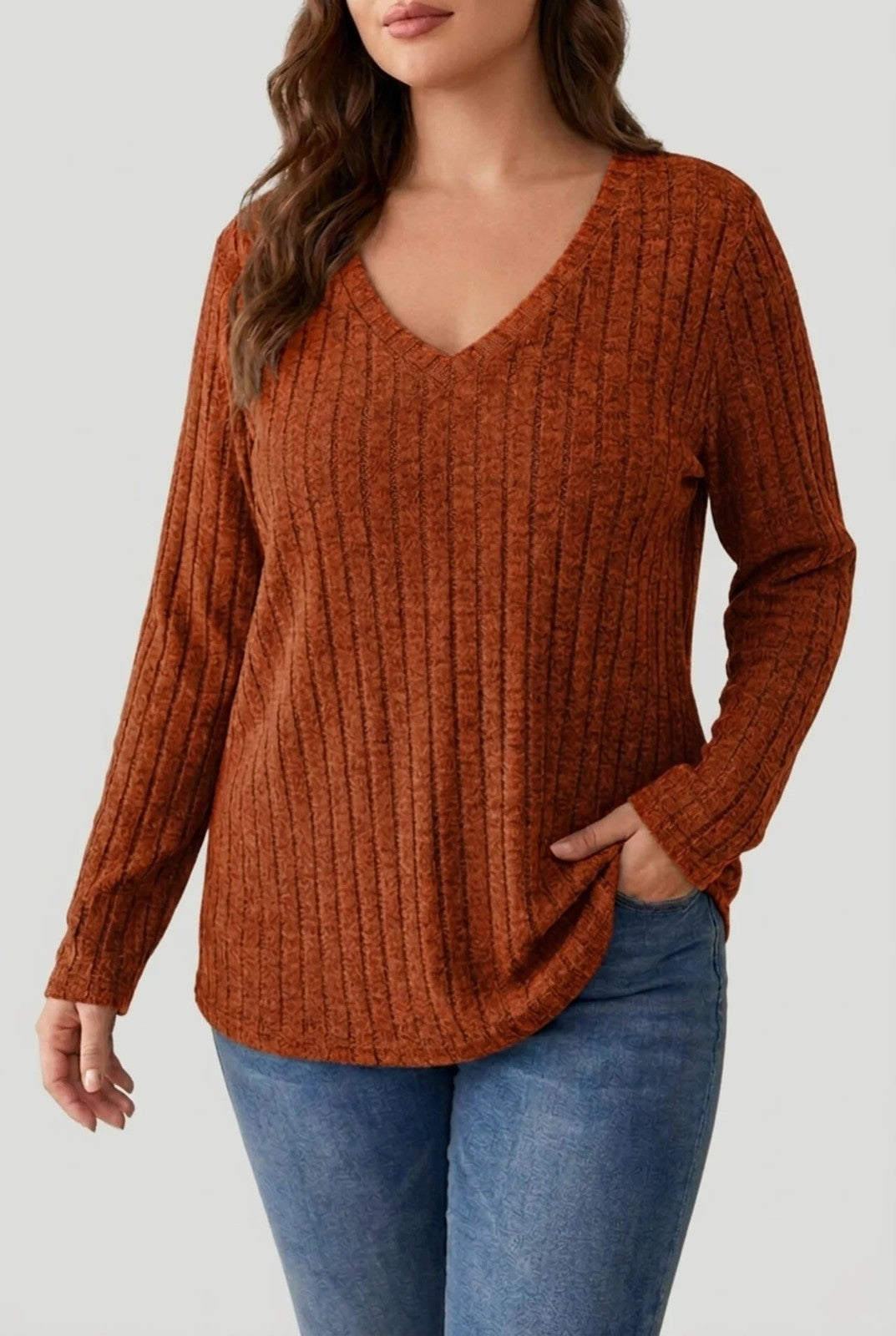 Bronwyn | Ribbed V-Neck Sweater in Soft Stretch Knit