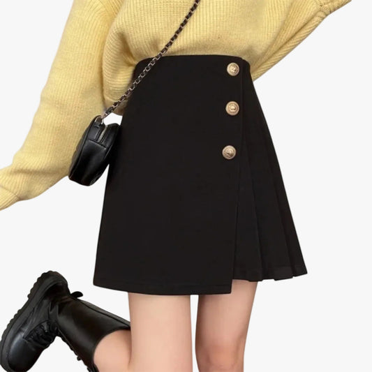 Lyriana | Woven Mini Skirt with Side Buttons and Pleated Panel