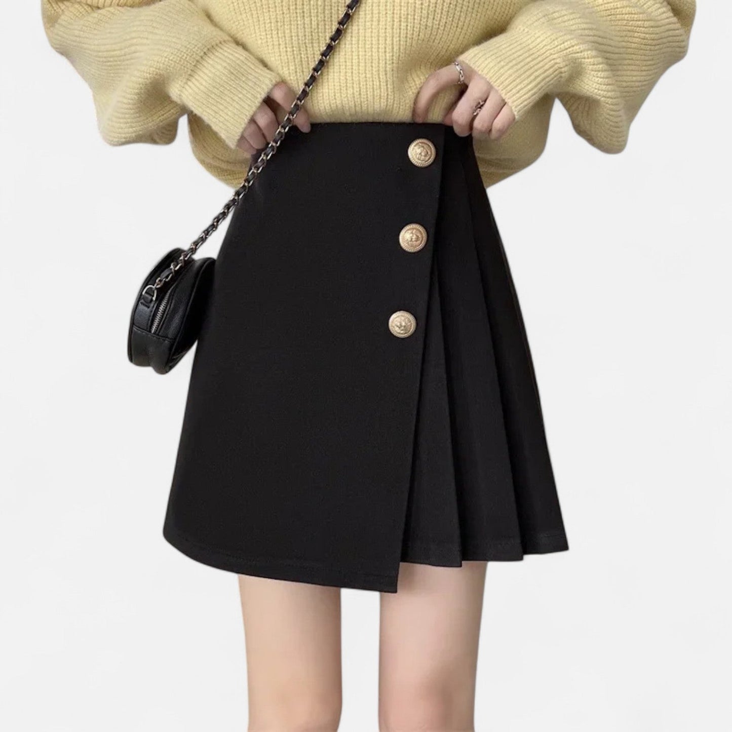 Lyriana | Woven Mini Skirt with Side Buttons and Pleated Panel