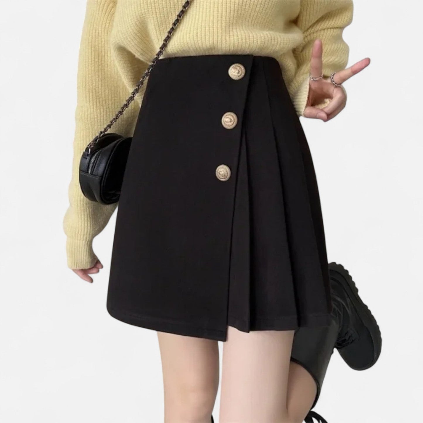 Lyriana | Woven Mini Skirt with Side Buttons and Pleated Panel
