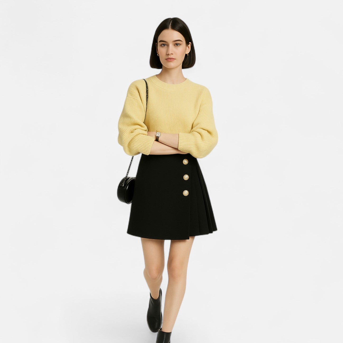 Lyriana | Woven Mini Skirt with Side Buttons and Pleated Panel