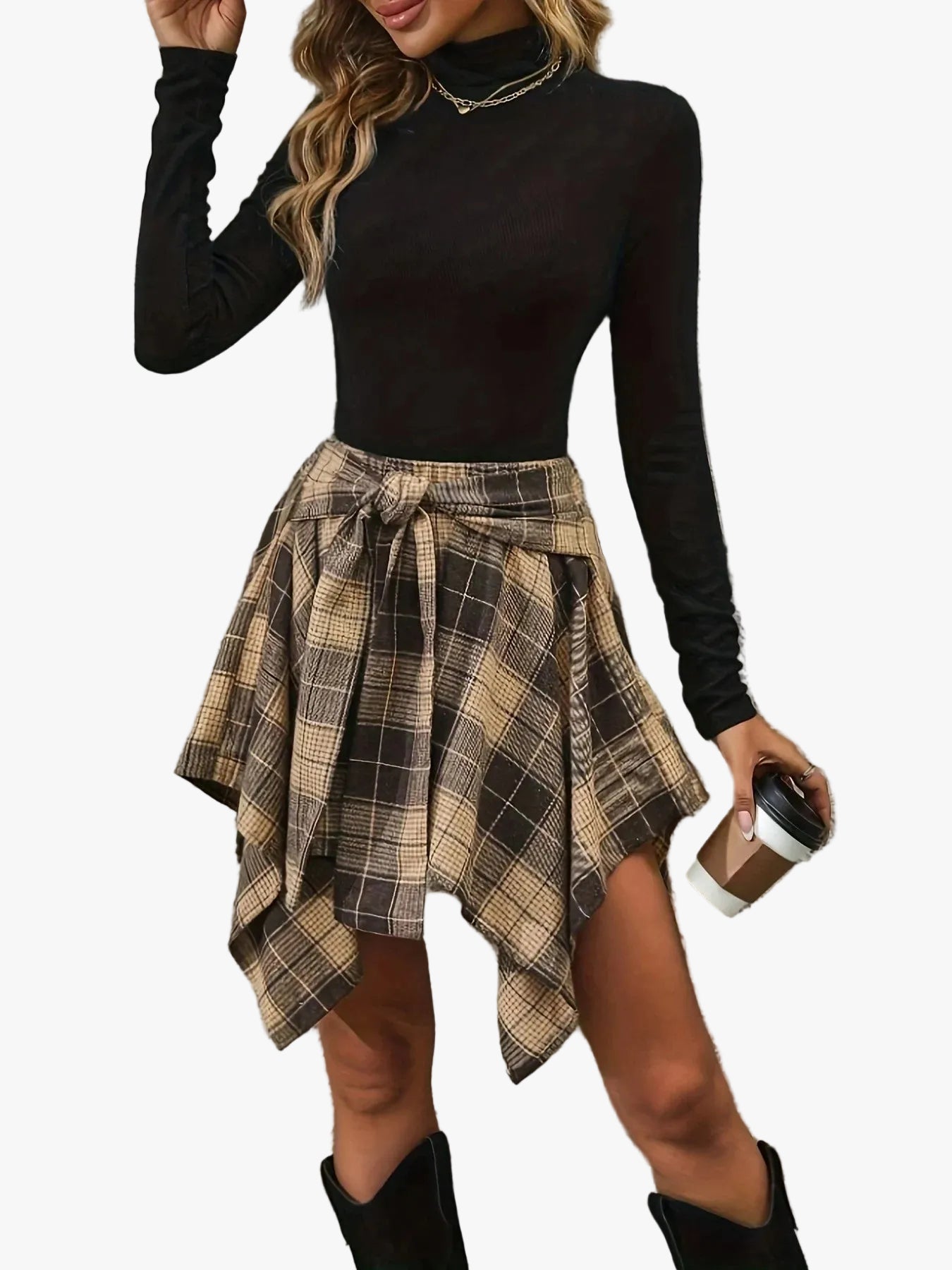 Tanwen | Woven Plaid Skirt with Tie Waist and Handkerchief Hem