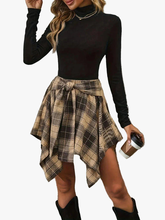 Tanwen | Woven Plaid Skirt with Tie Waist and Handkerchief Hem