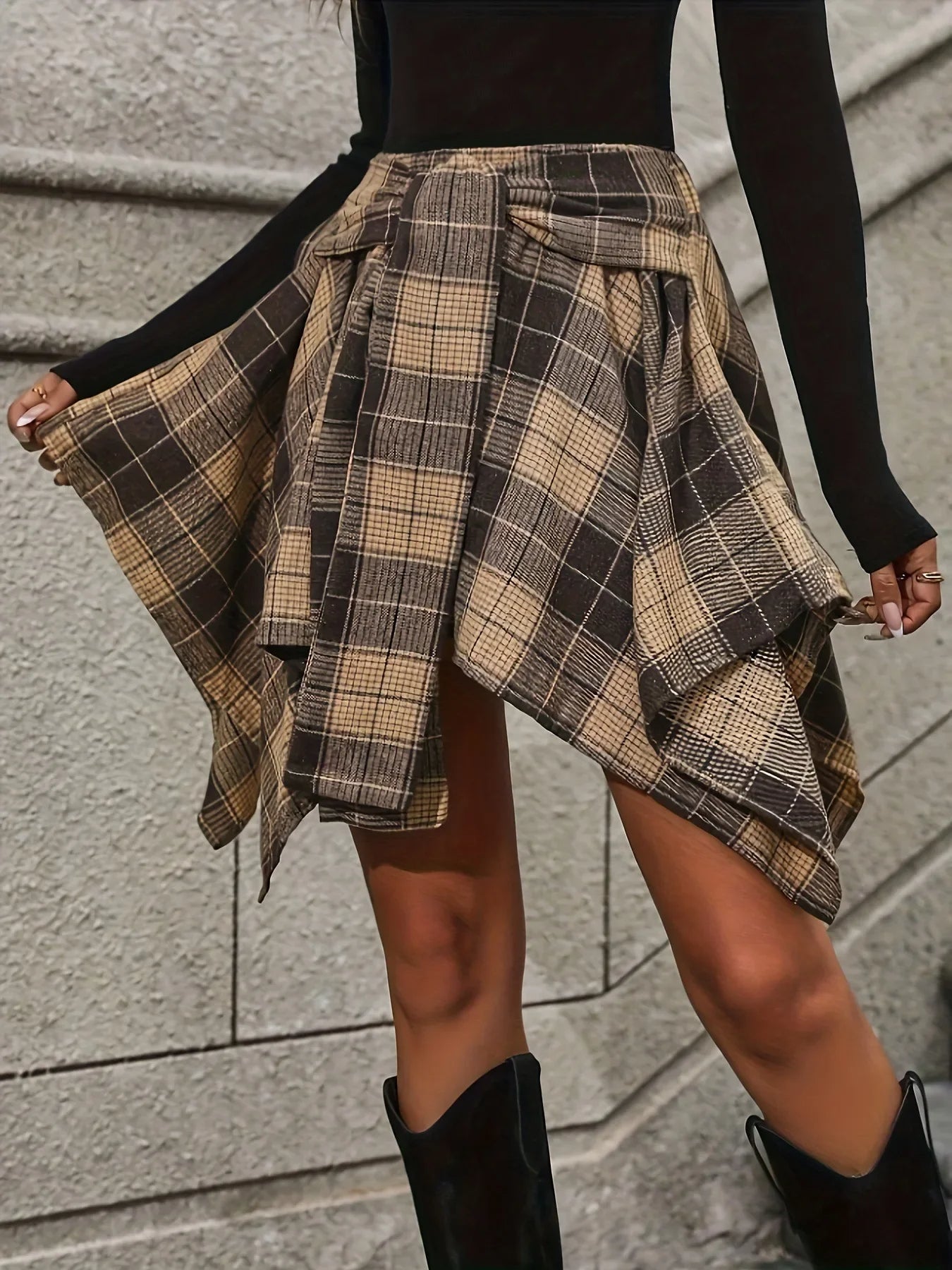 Tanwen | Woven Plaid Skirt with Tie Waist and Handkerchief Hem
