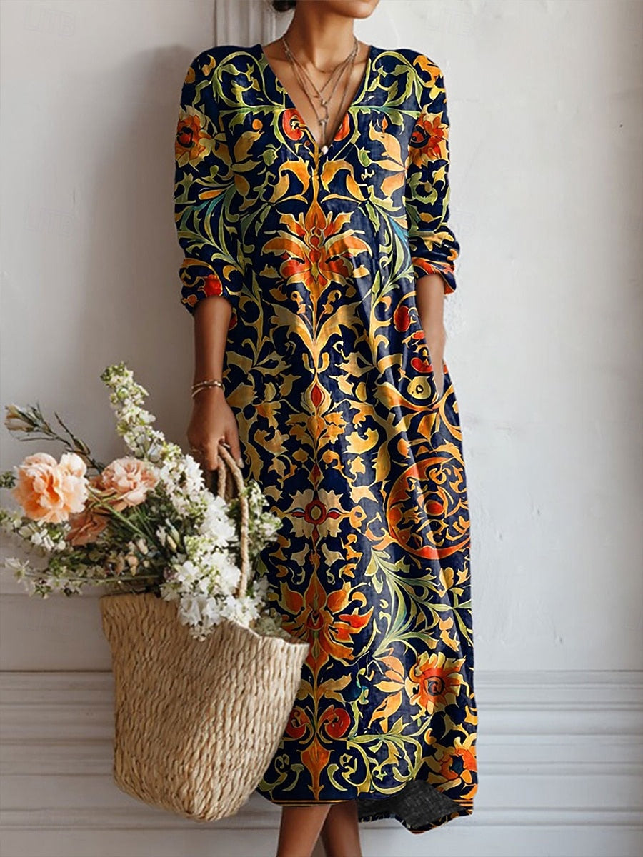 Euphemia | Bohemian Floral Midi Dress with Three Quarter Sleeves and V Neck